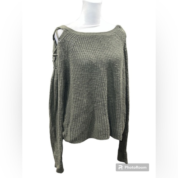 Express Olive Green Knit Cotton Lace Up Shoulder Sweater Size Small - Picture 1 of 5